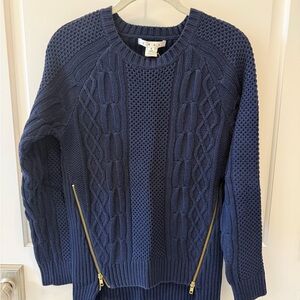 CAbi Navy Cable Knit Sweater with Gold Zipper Accents